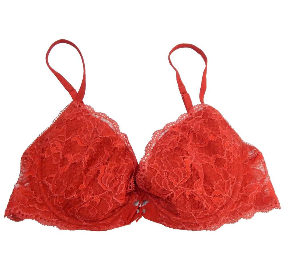 La Perla Women's 36C Bra Red Scalloped Lace Padded Underwire Plunge Lingerie
